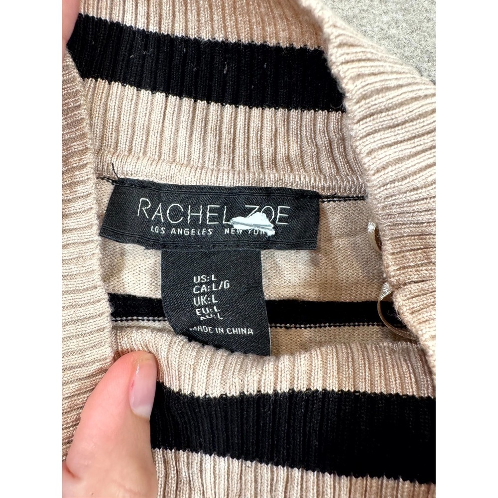 Rachel Zoe Sweater Womens Large Brown Striped Ribbed Trim Winter Warm Mock Neck - Picture 6 of 16